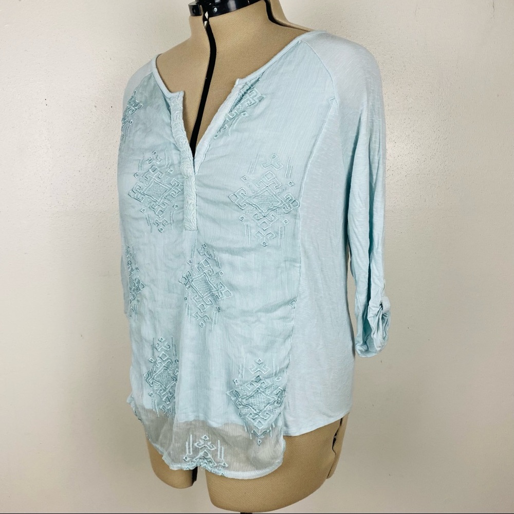 RXB  XL mint blue green long-sleeved V-neck lace button sleeve sheer overlay
